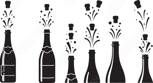 Black Silhouette Champagne Bottles Celebrating with Corks Popping