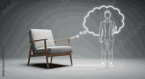 Man with thought bubble over empty chair, representing ideas and imagination