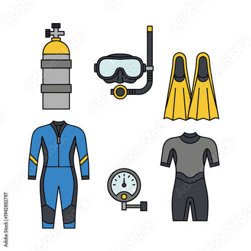 Scuba Diving Equipment and Wetsuits for Underwater Exploration.