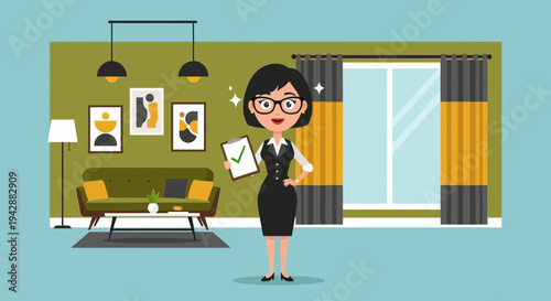 Businesswoman with clipboard and checkmark in modern office environment