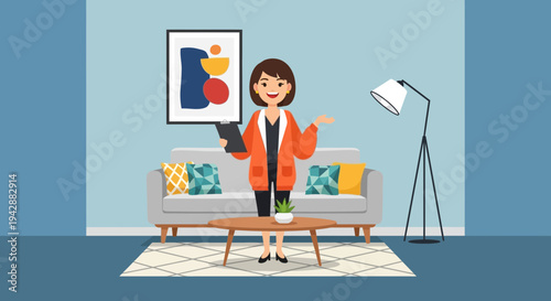 Smiling woman therapist in a modern living room holding a clipboard and gesturing, perfect for design concepts