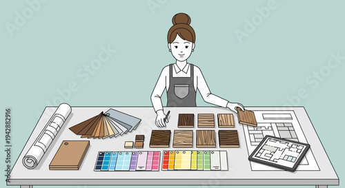 Interior designer selecting wood samples and color swatches at a desk with plans