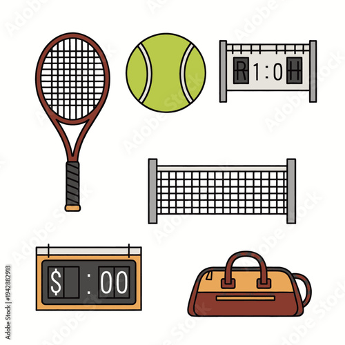 Tennis Racket Ball Net Bag Scoreboard.