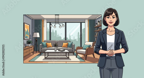 Woman designer overseeing a modern living room interior with cityscape view