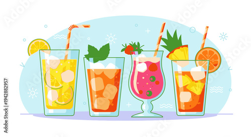 A refreshing summer scene with three colorful cocktails on a table