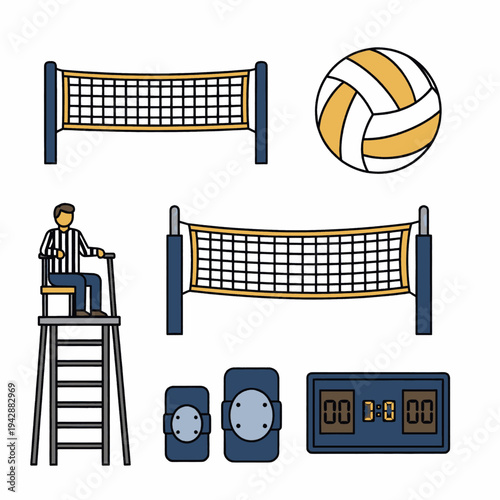 Volleyball Equipment and Referee Illustration Set.