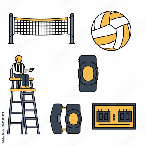 Volleyball Equipment and Official on Ladder.