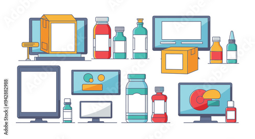 Computers and medicine bottles are arranged on a table indoors