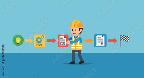Worker in hard hat holding data clipboard in a workflow diagram with start and end points