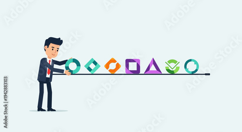 Businessman arranging diverse geometric shapes on a line