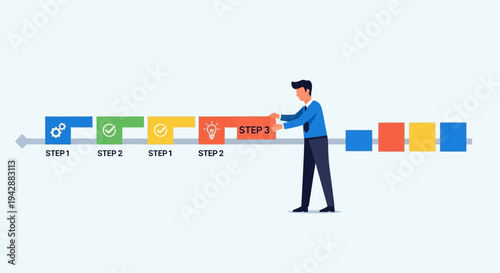 Businessman Placing Step 3 Block to Complete a Workflow Sequence and Visualize Business Progress
