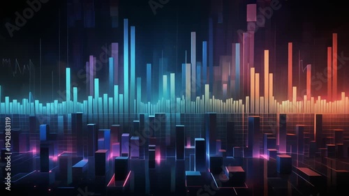 Vibrant sound wave patterns illuminate a futuristic cityscape at night with technology and data visualization elements.