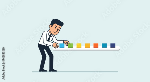A businessman carefully selects colored blocks to arrange on a white shelf, representing business strategy and decision making.