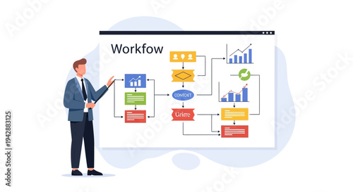 Business Man Explaining Workflow Process Diagram with Charts and Steps