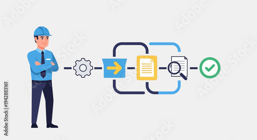 A business workflow diagram illustrating data processing and analysis with icons