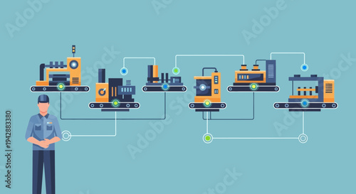 Automated factory production line with interconnected machinery and conveyor systems