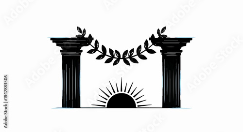 Ancient columns framing a rising sun with laurel wreath, symbolizing triumph and new beginnings.