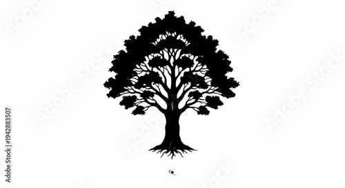 Silhouette of a majestic oak tree with deep roots, symbolizing strength and growth against a white background.