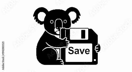 Cute koala illustration holding a floppy disk with the word 'Save' for data storage concept