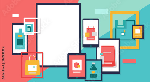 Graphic designer showcases various colorful advertisements and products on multiple devices in a creative studio.