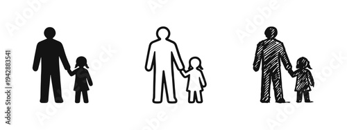 Father holding daughter's hand icon set.