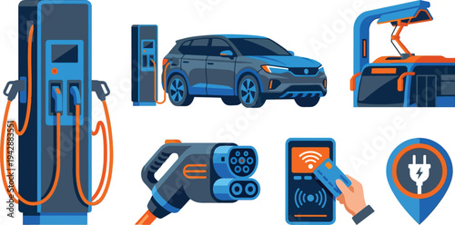 Public EV charging infrastructure elements with DC fast charging kiosk SUV pantograph in electric blue bright orange dark grey for urban mobility branding design