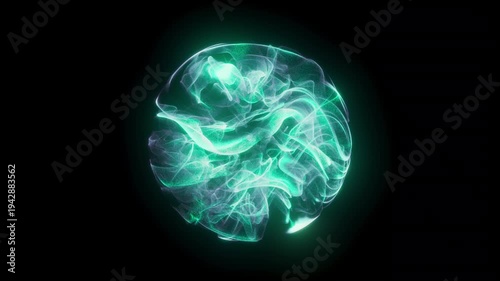 Glowing magical orb with flowing translucent energy forms, isolated on a black background. Abstract luminous sphere with ethereal light, centered composition and futuristic fantasy mood.
