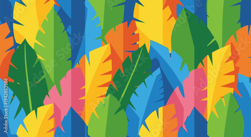 Vibrant tropical leaves overlap in a colorful pattern on a blue background