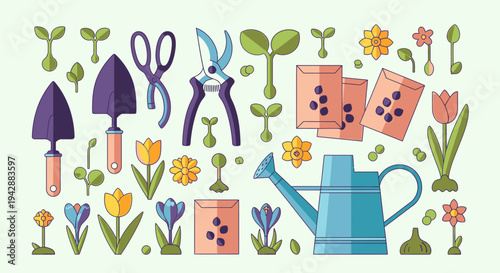 Gardening tools and flowers are arranged on a table outside in the garden.