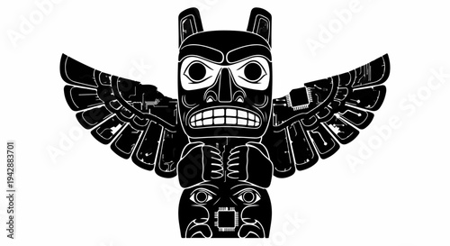 Striking black and white illustration of a traditional totem pole with intricate carvings and wide wings outstretched.