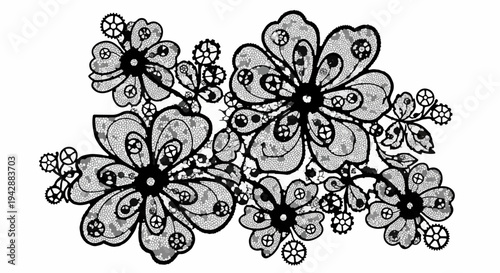 Intricate floral lace design with whimsical clockwork gears and mechanical elements.