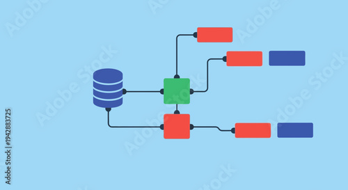 Abstract data flow network diagram with database, processing nodes, and output modules.