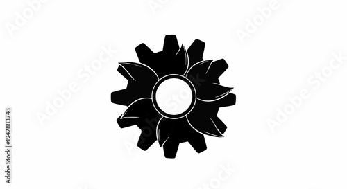 Abstract black gear with petal-like spokes symbolizing innovation and growth