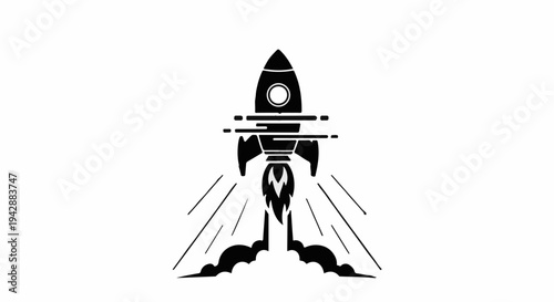 Sleek black rocket launching into the sky with fiery exhaust and motion blur effects