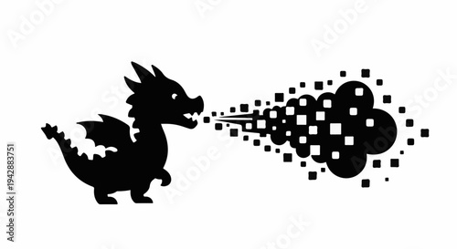 Playful silhouette of a dragon exhaling a cloud of squares