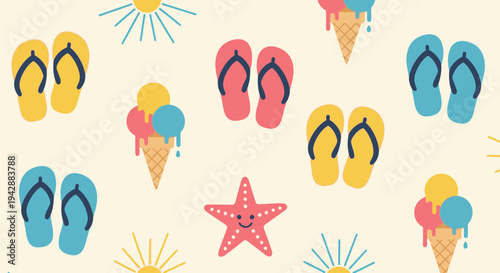 Colorful beach scene with flip flops, ice cream cones, and starfish on sandy background