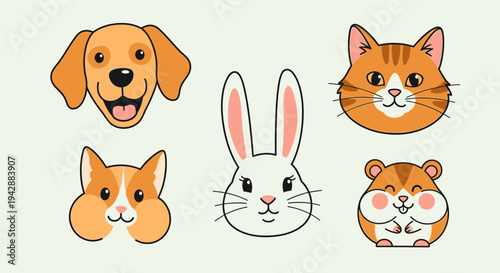 Colorful animal faces of dog cat rabbit hamster guinea pig are drawn