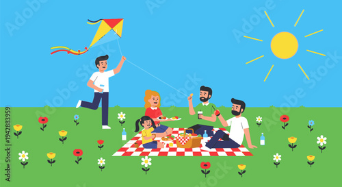 Family enjoys outdoor picnic with children flying a colorful kite nearby