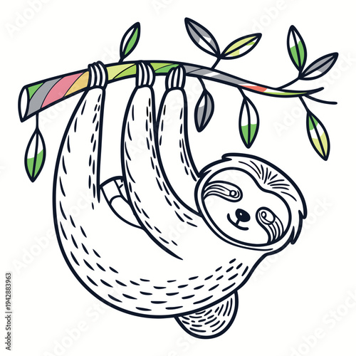 A cute cartoon sloth hanging from a colorful branch with leaves