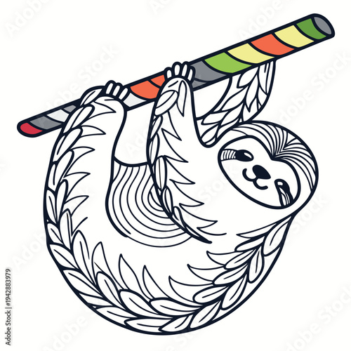 A cute cartoon sloth hanging from a colorful striped pole peacefully