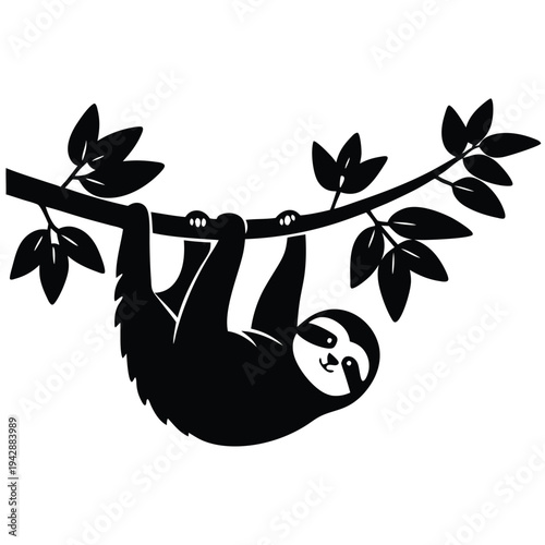 Black silhouette of a sloth hanging from a tree branch with leaves