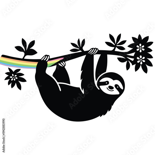 A black and white illustration of a sloth hanging from a rainbow branch with leaves