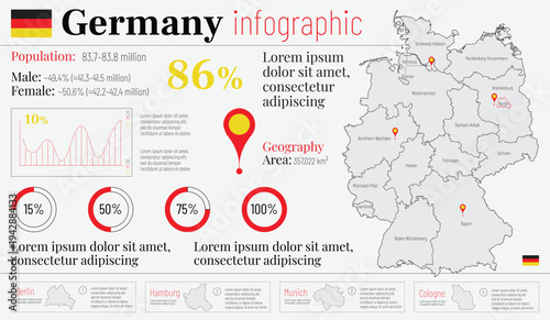Germany Map Infographic with Statistics and Federal States, vector illustration with bright design and space for text