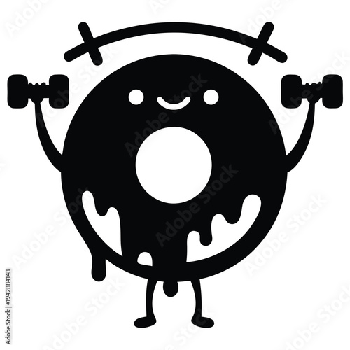 Black silhouette of a smiling cartoon character lifting dumbbells