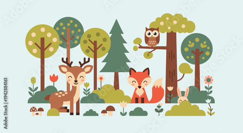 Forest scene with deer, fox, owl, trees, and flowers in nature