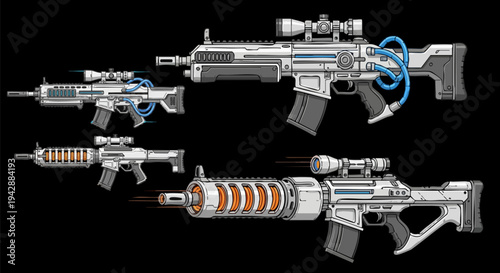 Set of 4 futuristic sci-fi assault rifles vector illustrations with scopes and energy cells, ideal for gaming, military, or action-themed designs