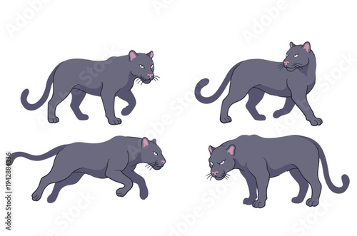 Black Panther Big Cat Vector Set Various Action Poses
