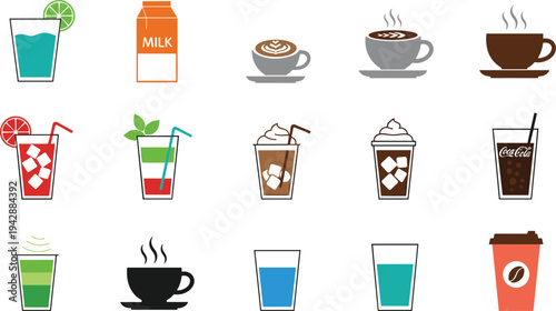 Beverage Icon Set Featuring Coffee Cups, Milk Carton, Soda, Juice, Smoothie, and Cold Drink Illustrations for Cafe Menu Design