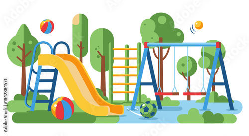 Children play outside on swings and slide in park with trees