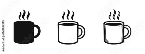Steaming Hot Coffee Mug Icons for Warm Beverages, Relaxation, and Morning Drinks